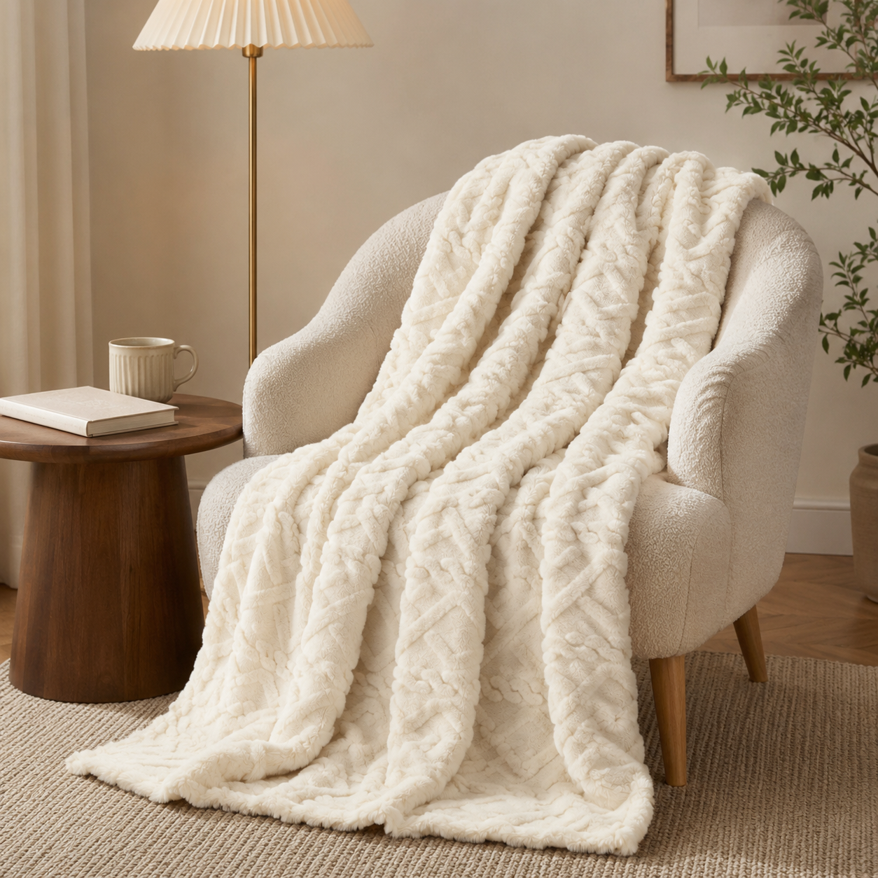 Amara Embossed Fleece Throw – Ivory