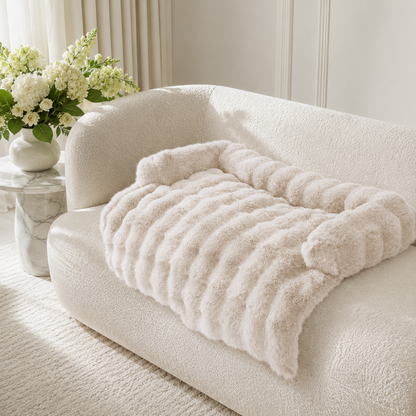 A plush cream-colored pet bed with a ribbed texture and raised corners, over a matching boucle sofa in a bright, neutral-toned living room setting.