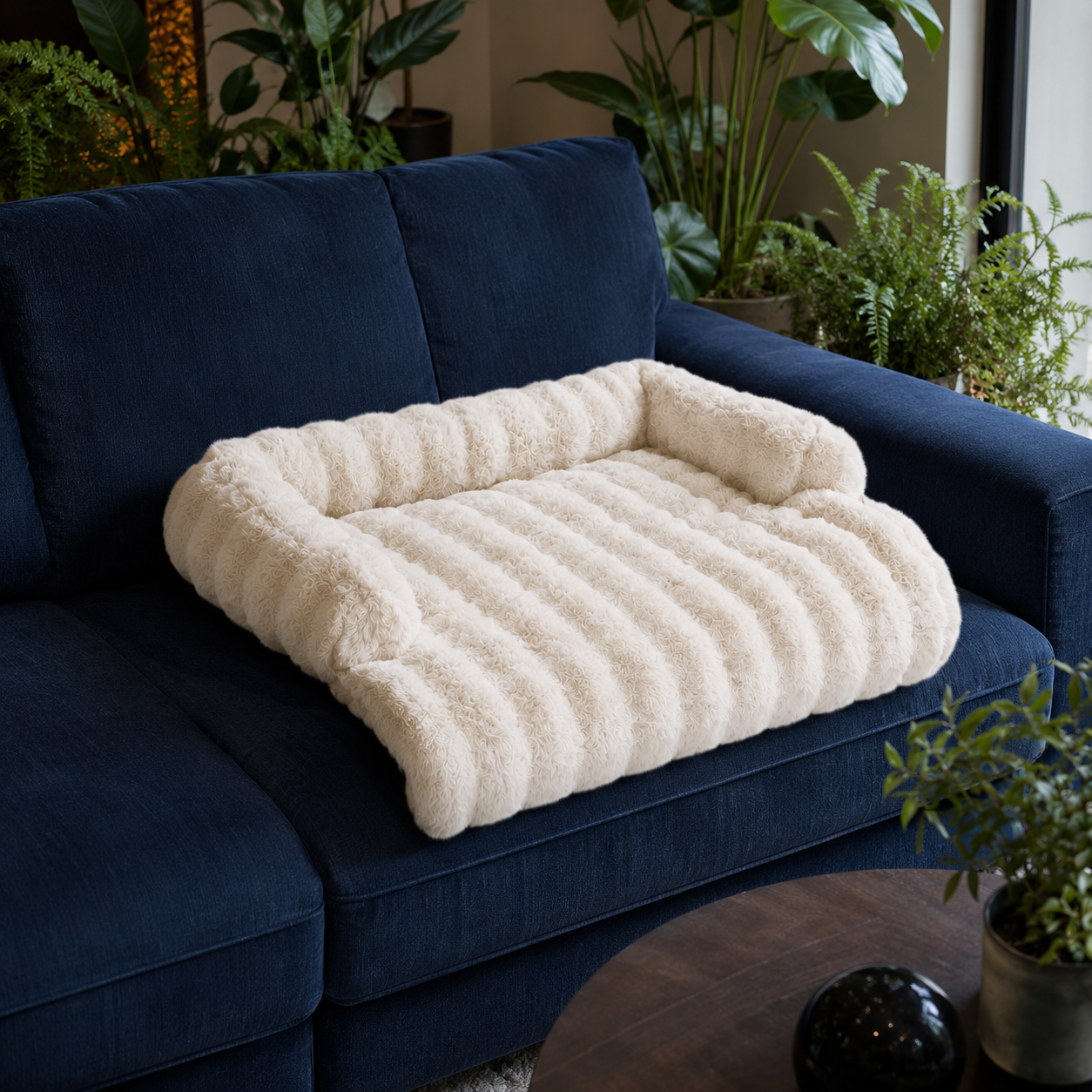 A plush cream-colored pet bed with a ribbed texture and raised corners, placed on a dark blue sofa in a living room setting with potted plants in the background.