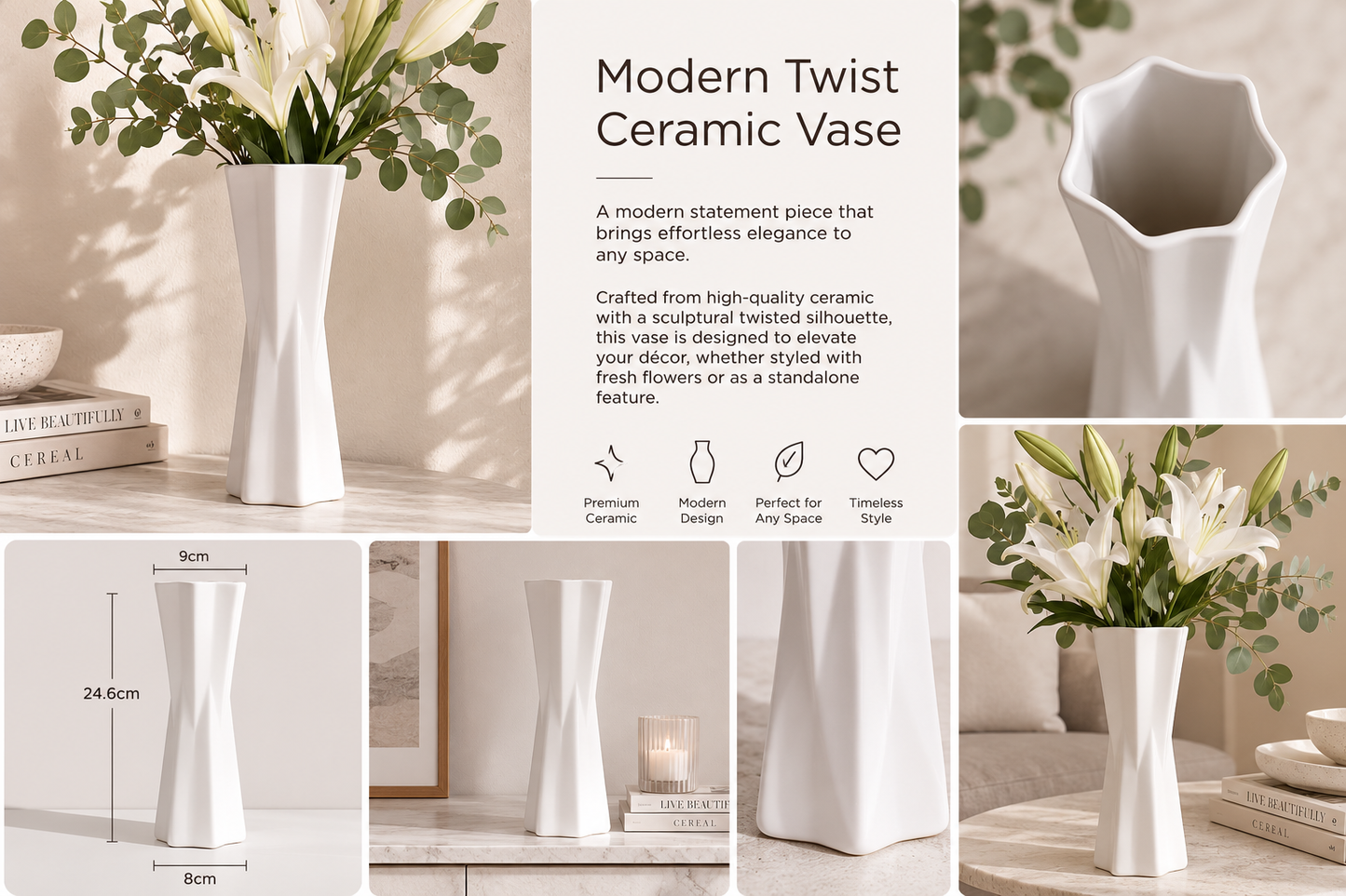 Sculptural Hourglass Ceramic Vase – White