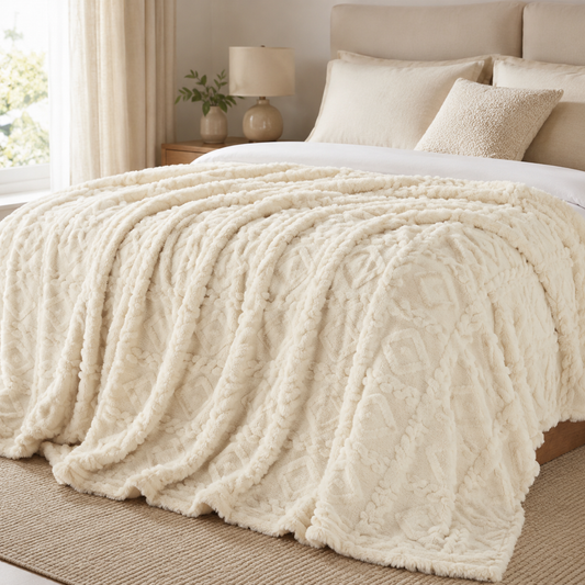 Amara Embossed Fleece Throw – Ivory