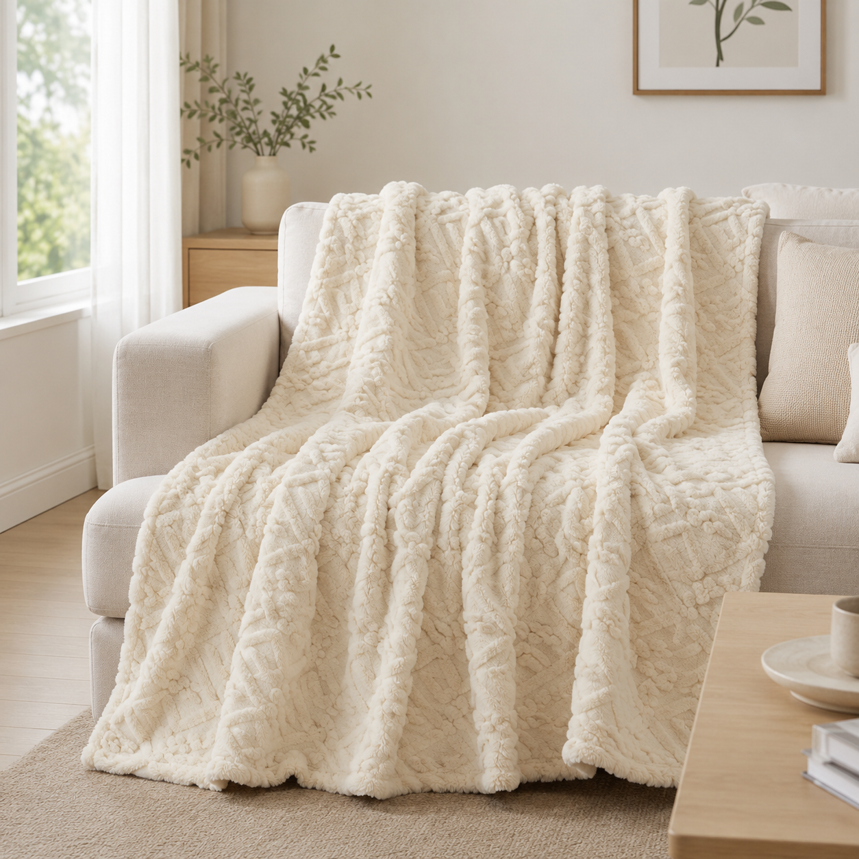 Amara Embossed Fleece Throw – Ivory