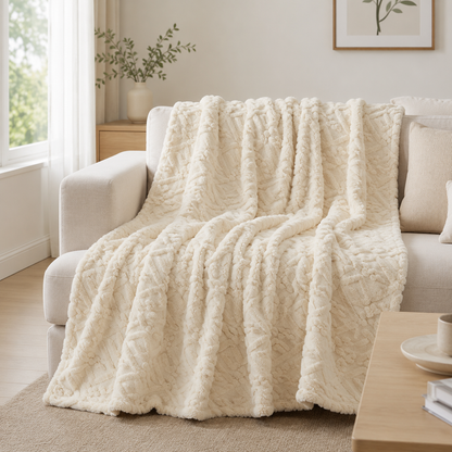 Amara Embossed Fleece Throw – Ivory