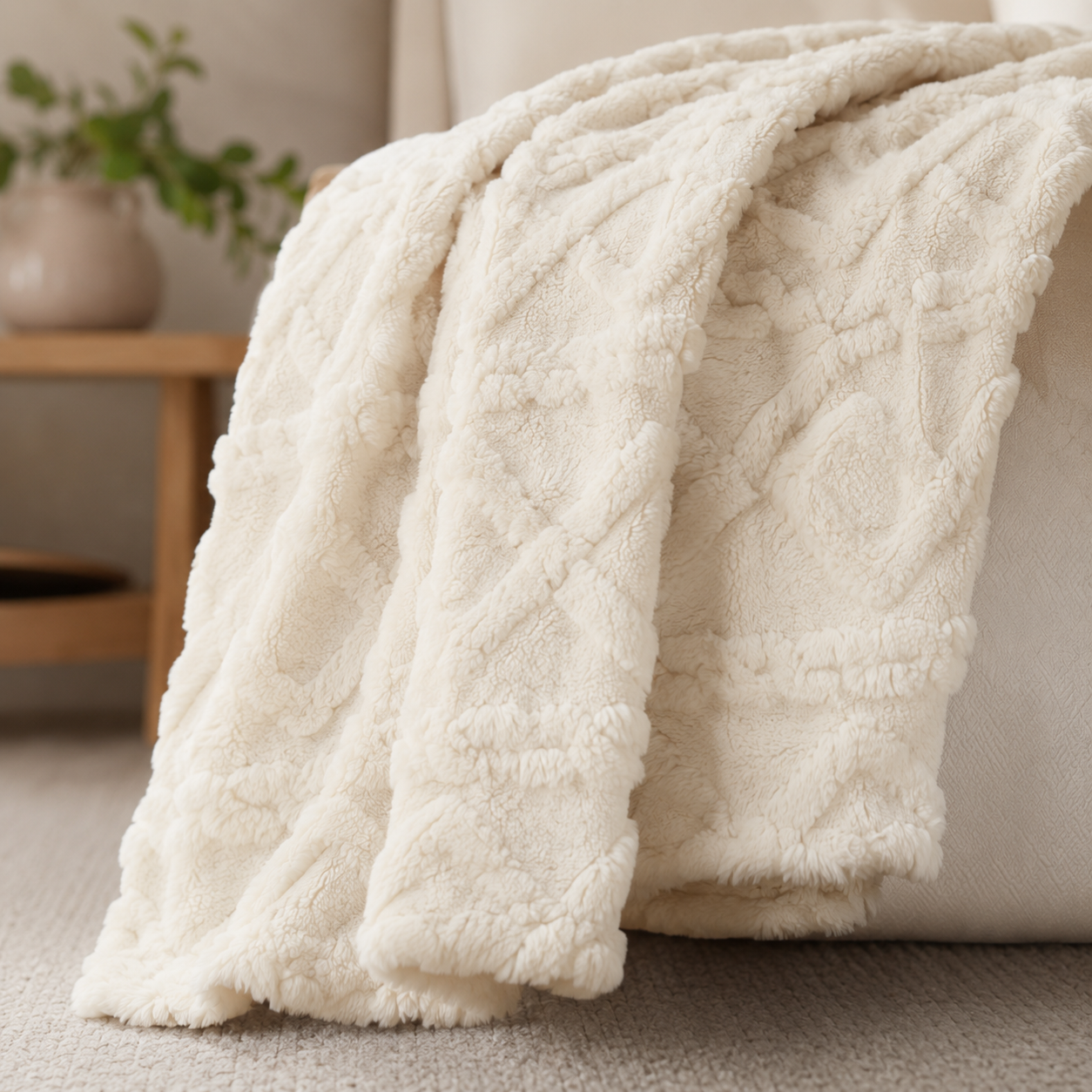 Amara Embossed Fleece Throw – Ivory