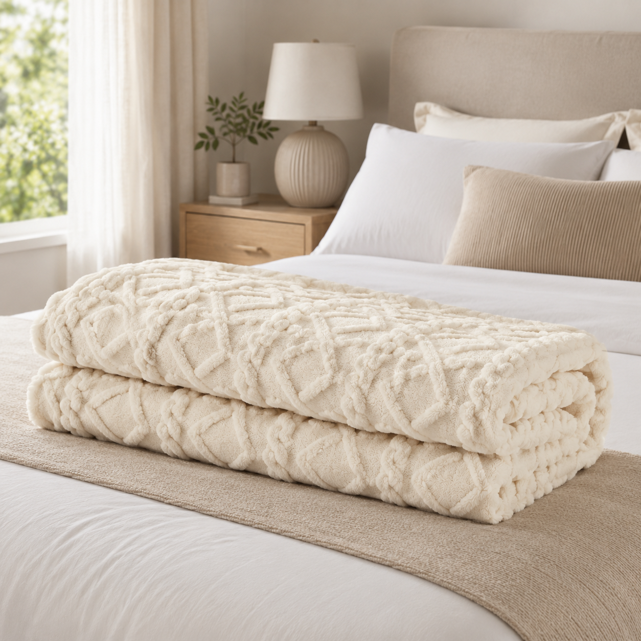 Amara Embossed Fleece Throw – Ivory