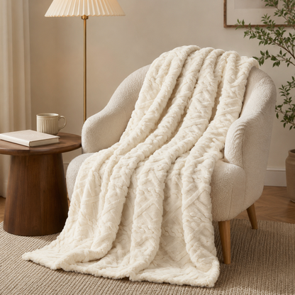 Amara Embossed Fleece Throw – Ivory